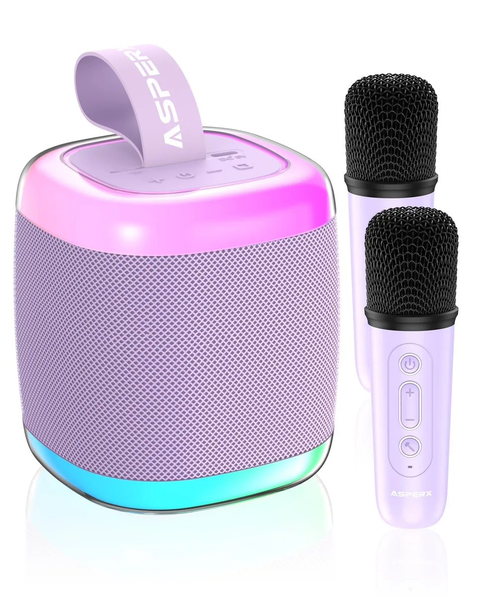  AsperX AX001-purple karaoke system, 2 wireless mics, LED lights, 2500 mAh, 3.7 in, 375 g — product photo