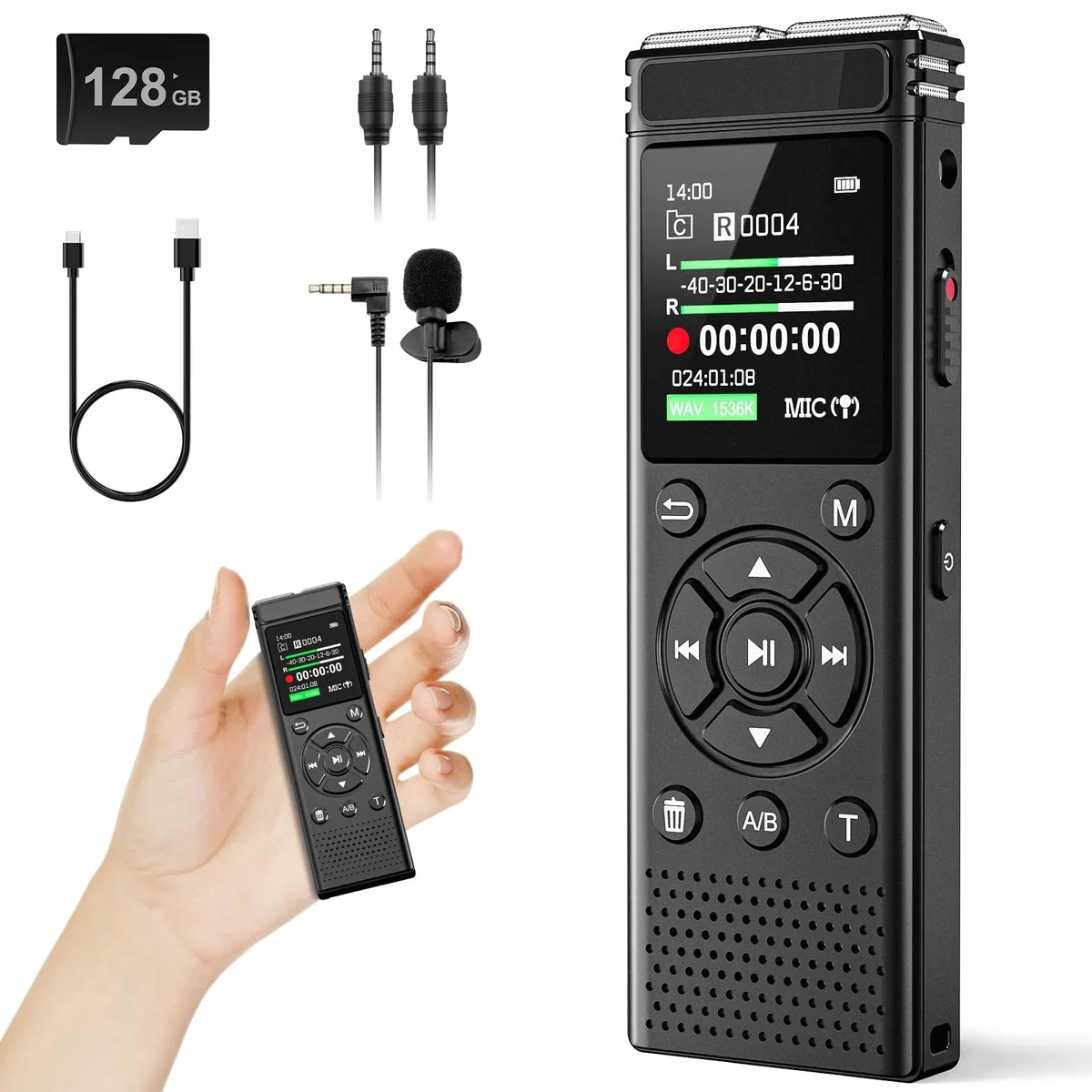 Small black rectangular voice recorder with 1.44 inch display and side record button