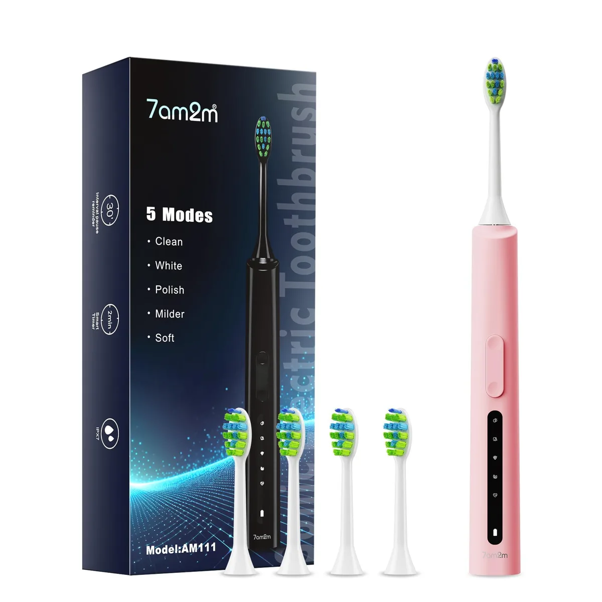 Pink sonic toothbrush handle with four brush heads