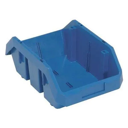 Blue plastic hang-and-stack storage bin with label holder