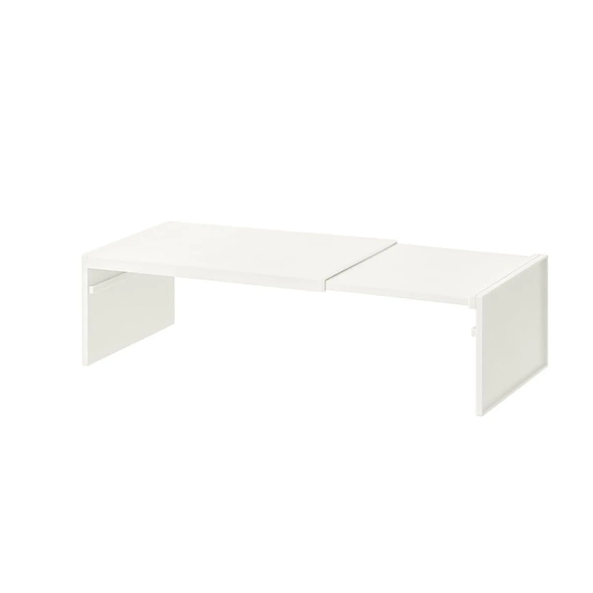 Red plastic expandable shelf, round shape, stackable design, 11 to 21.2 inches wide