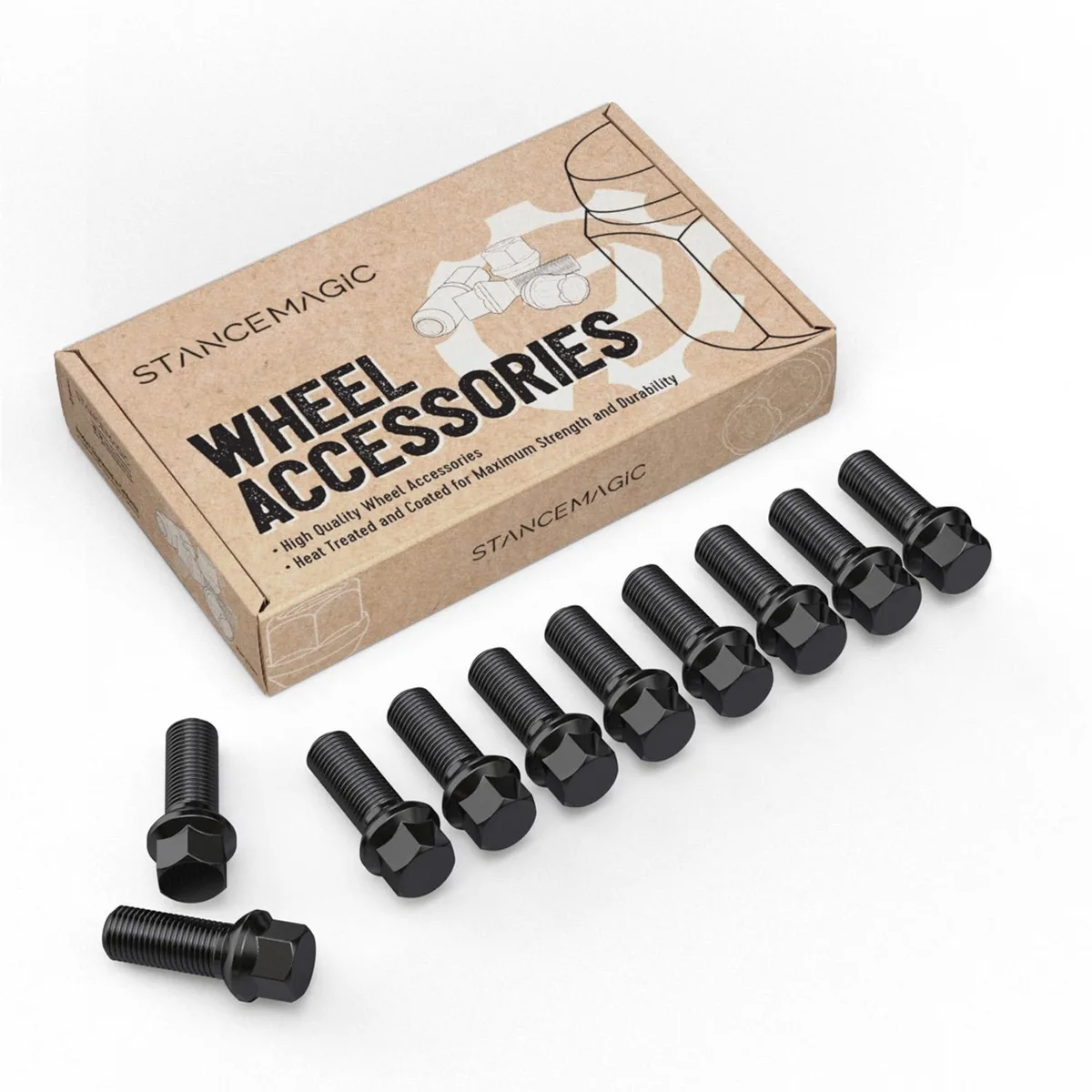 StanceMagic StanceMagic 10pcs Extended Black Lug Bolts 14x1.5 37mm Ball Seat R12 — product photo