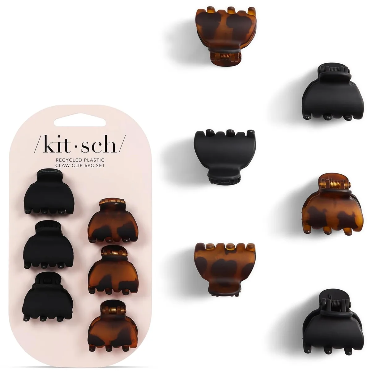 Six tortoise and black mini claw clips on a light background