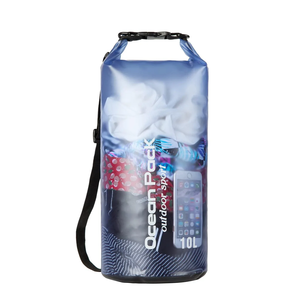 Blue translucent roll-top dry bag backpack with single adjustable strap