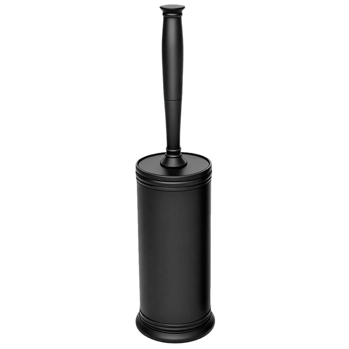 Black plastic toilet brush in matching holder with hidden lid