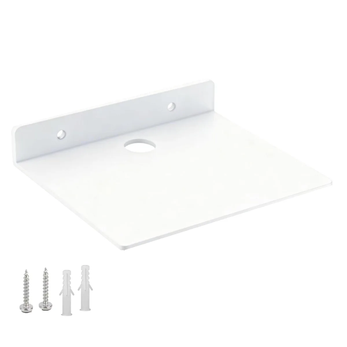 Small white aluminum wall shelf with rounded corners and central cable hole