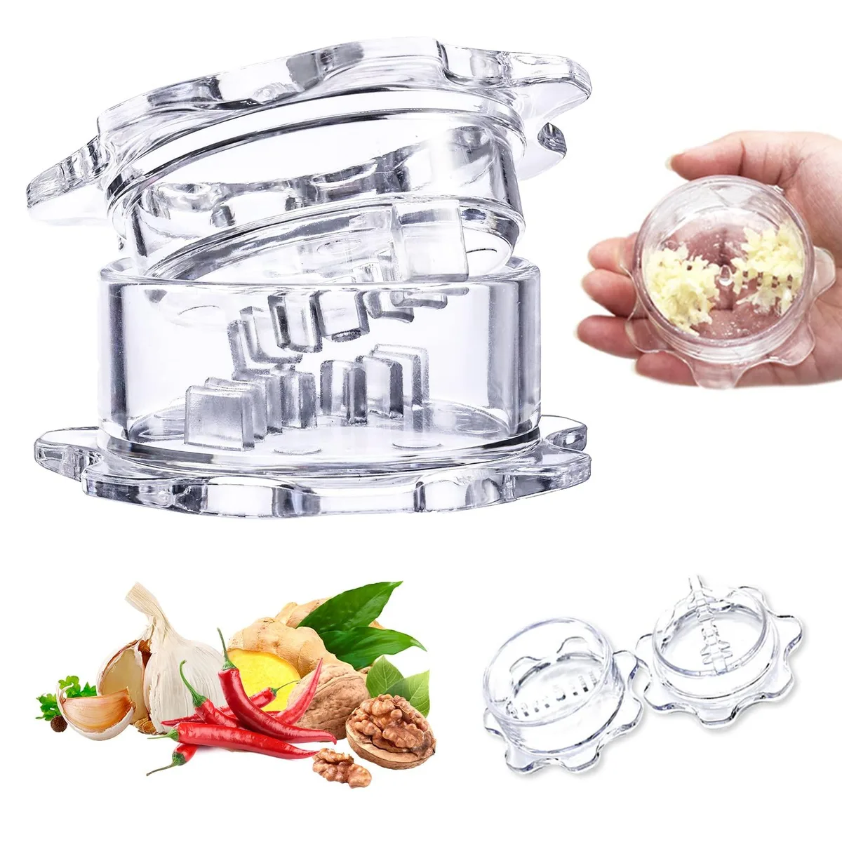 Small white plastic manual food processor, curved teeth, two-piece design