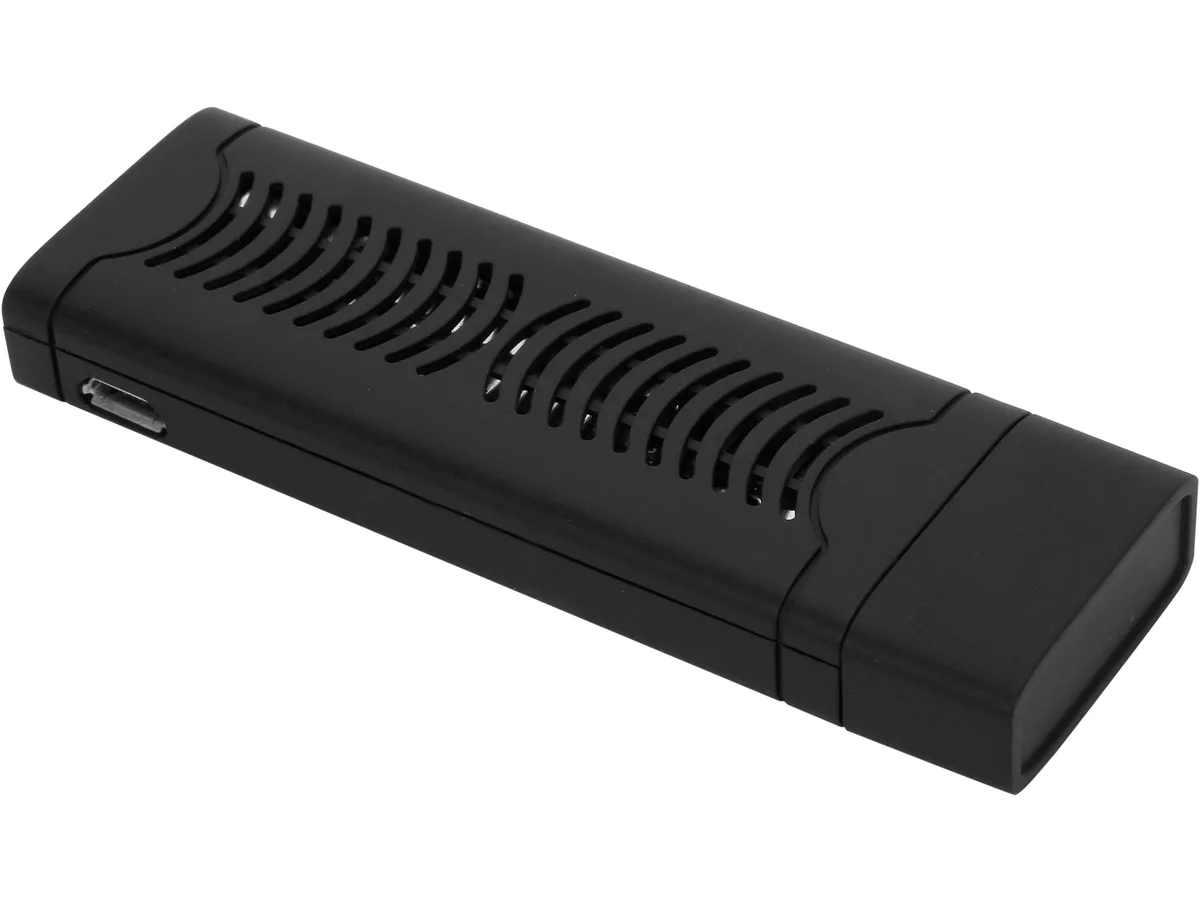 Small black rectangular media player with HDMI connector and micro USB port