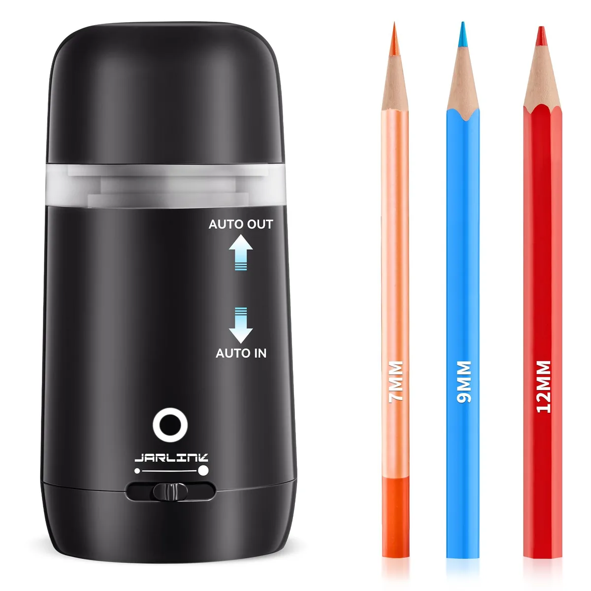 Black vertical electric pencil sharpener with steel finish, compact cylindrical form, pencil slot on top