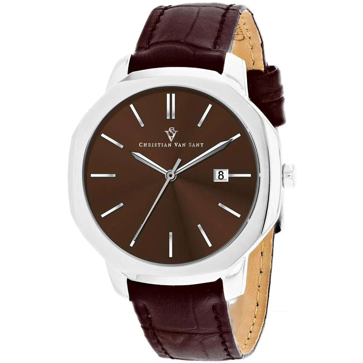 Silver stainless steel watch with brown leather strap and brown dial