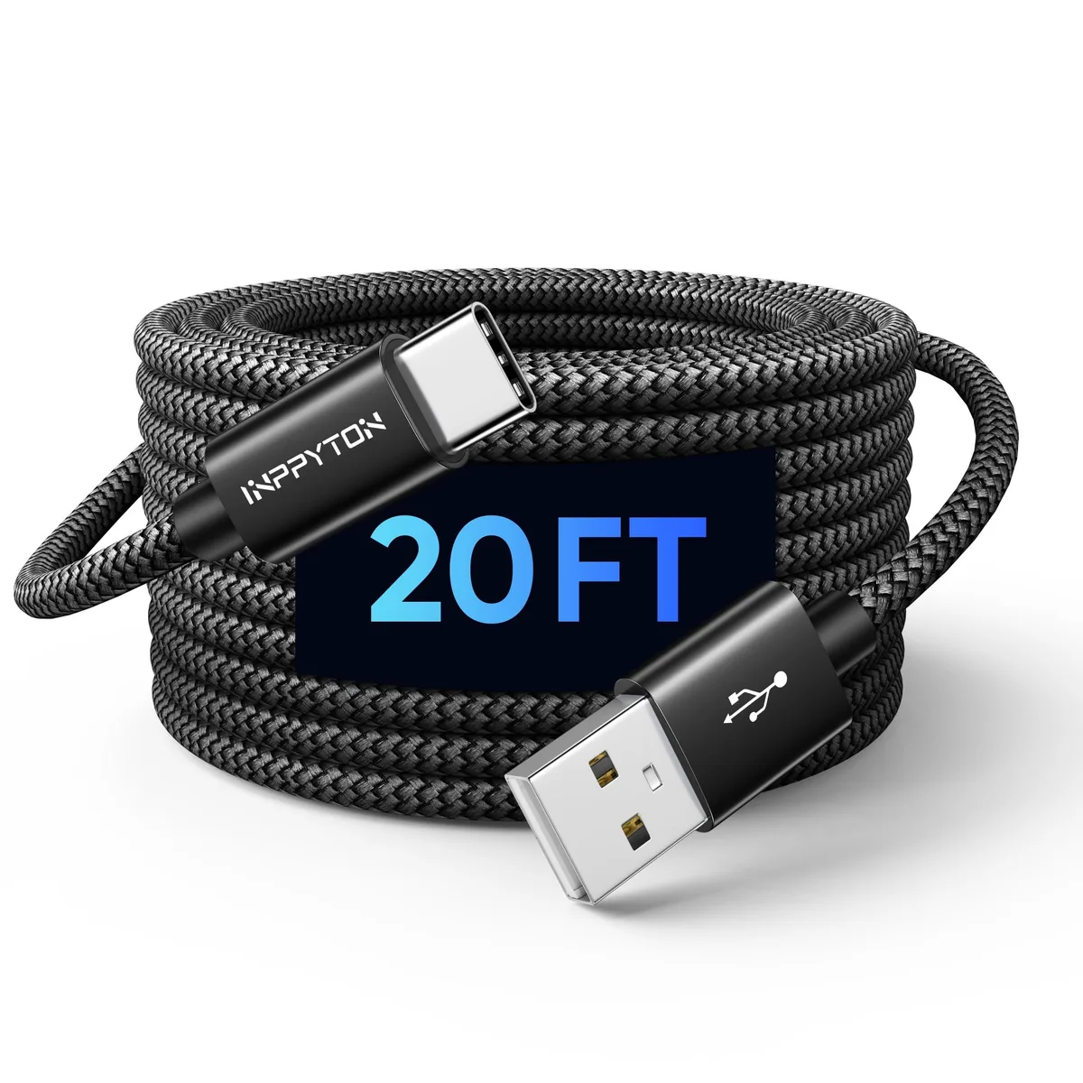 Black nylon-braided USB-A to USB-C cable, 20 ft, male-to-male, 24-pin connectors
