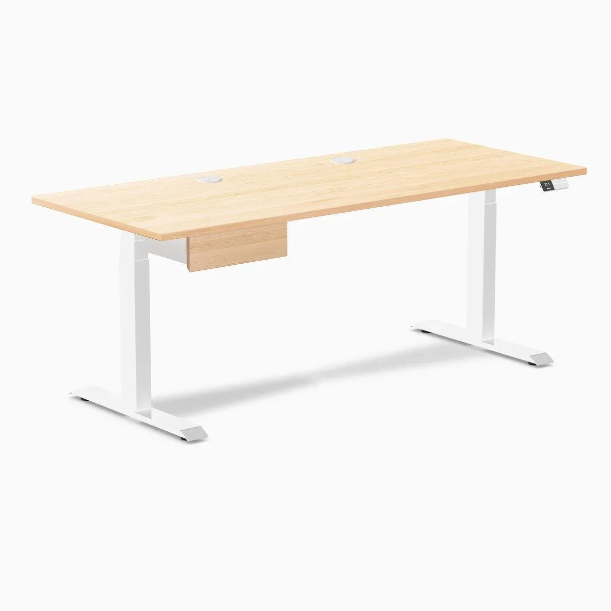 Desky Desky Dual Hardwood Standing Desk With Drawer Maple 72 x 30 inches Grommets White frame — product photo