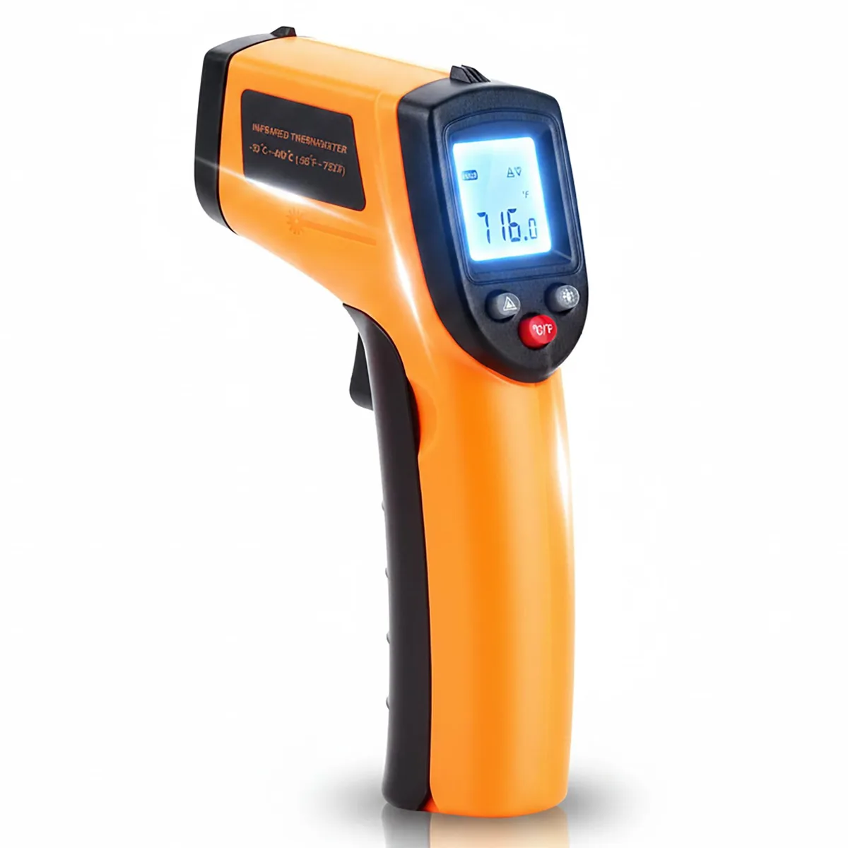 Orange handheld infrared thermometer gun with backlit LCD screen