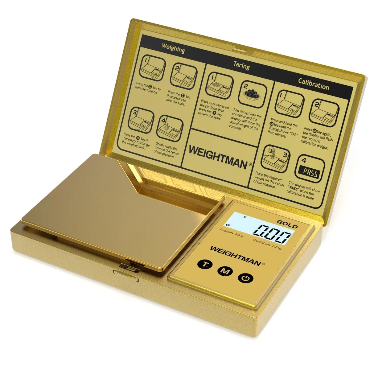 Two compact gold titanium pocket scales with backlit LCD displays side by side