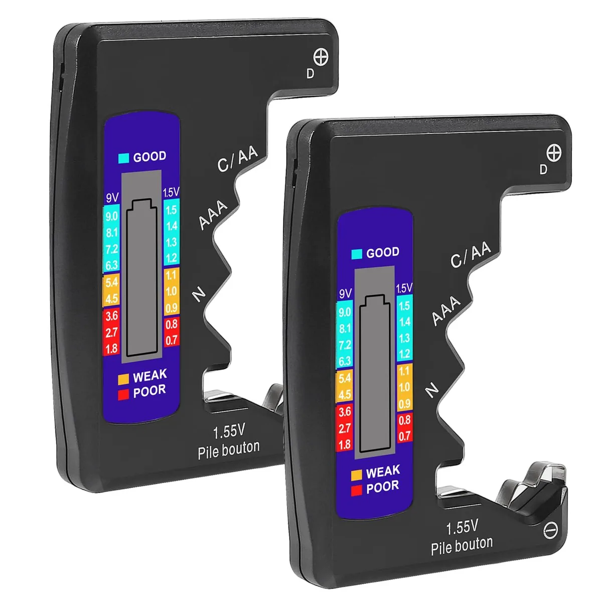 Two compact black battery testers with LCD displays side by side