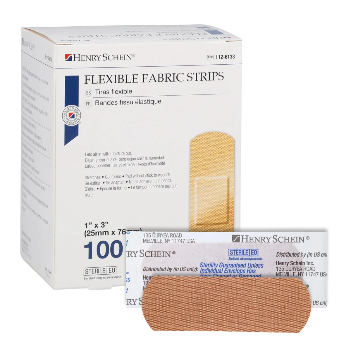  Henry Schein Adhesive Fabric Bandage Strips 1" x 3" Sterile 100 Ct — product photo