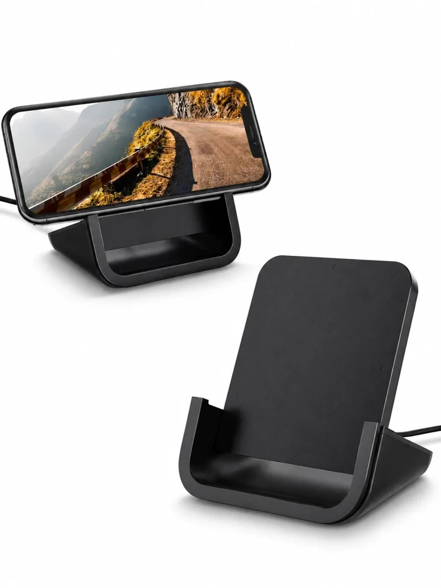 White vertical charging stand with horizontal ledge and front LED indicator