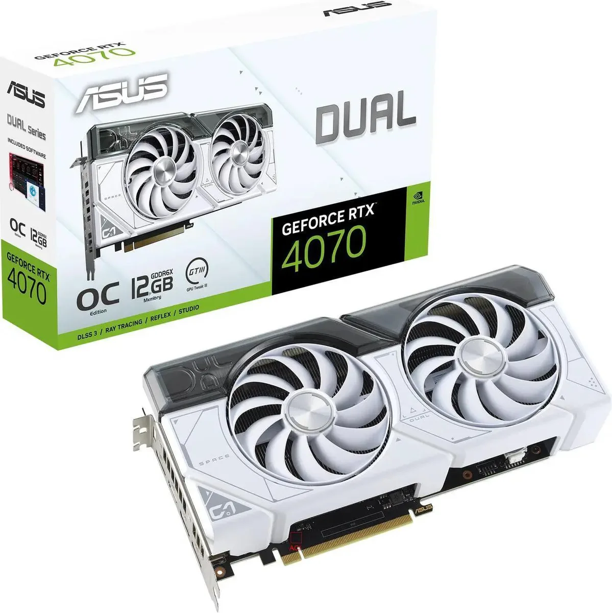 ASUS ASUS Dual GeForce RTX 4070 White OC Edition 12GB GDDR6X graphics card — product photo