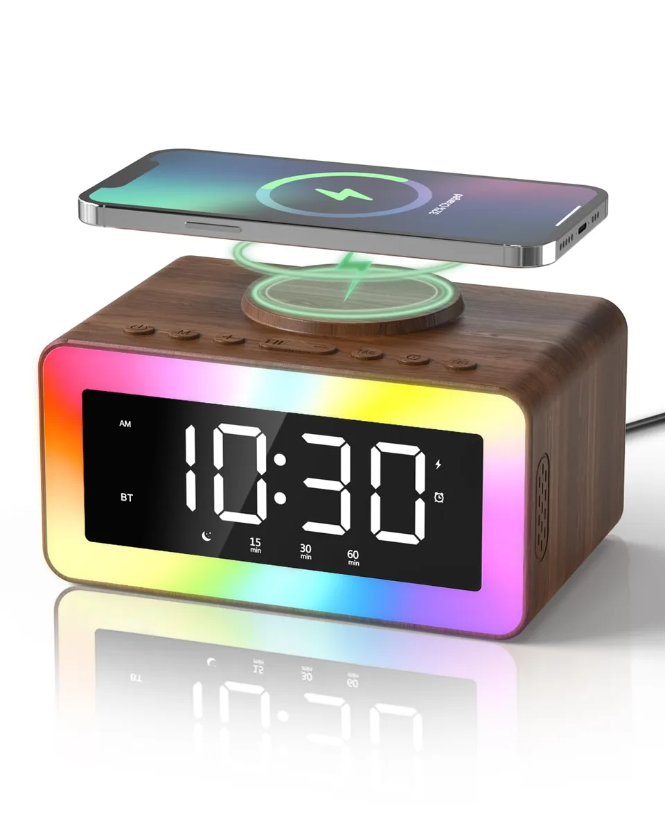 Wooden rectangular digital clock with wireless charging top and speaker grille, 5.9 by 1.5 by 3.15 inches