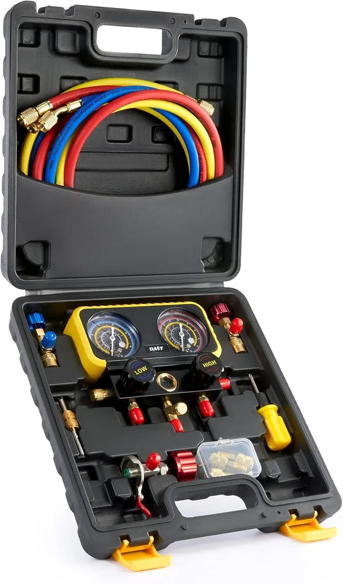 WUQ WUQ R410a 3-Way Manifold Gauge Set with 3 Hoses, Safety Valves, Adapters, Universal Can Tap — product photo