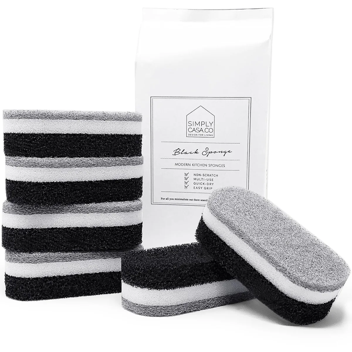 Pack of six white cleaning sponges with arc grip design