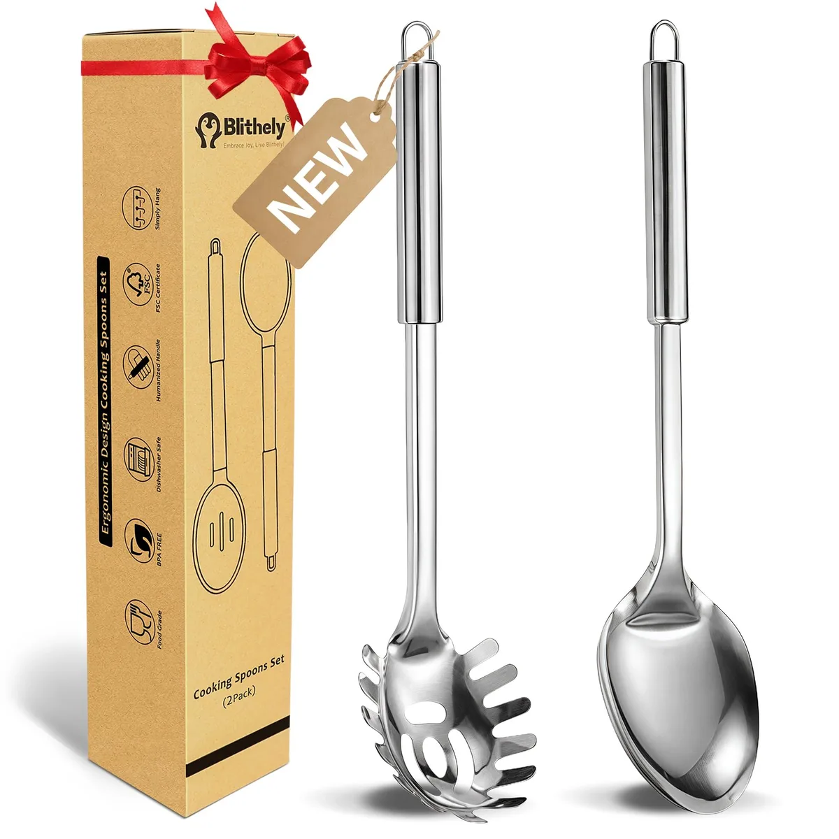 Two stainless steel utensils: solid spoon and pasta fork with mirror finish, hanging holes