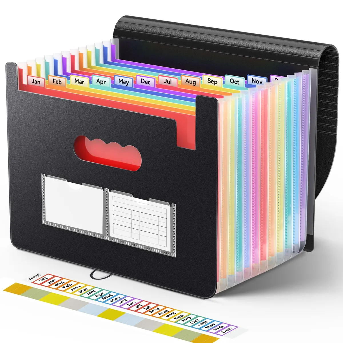 Black 13-pocket expanding file folder, polypropylene finish, accordion style with elastic closure and removable labels