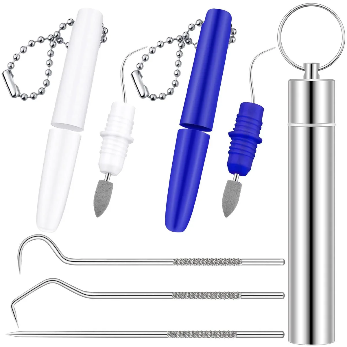 Five stainless steel dental tools in white holder case