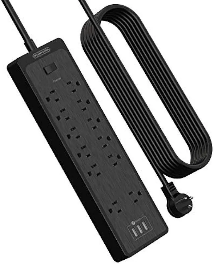 Black rectangular power strip with twelve outlets, three USB ports, a flat right-angle plug and a long cord