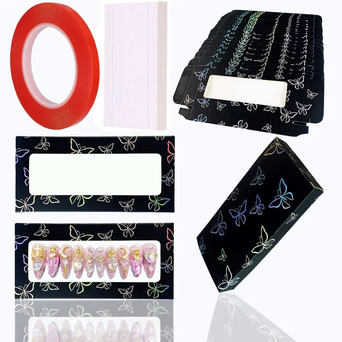 Rectangular black plastic box with butterfly laser print, lift-off lid, 35 compartments