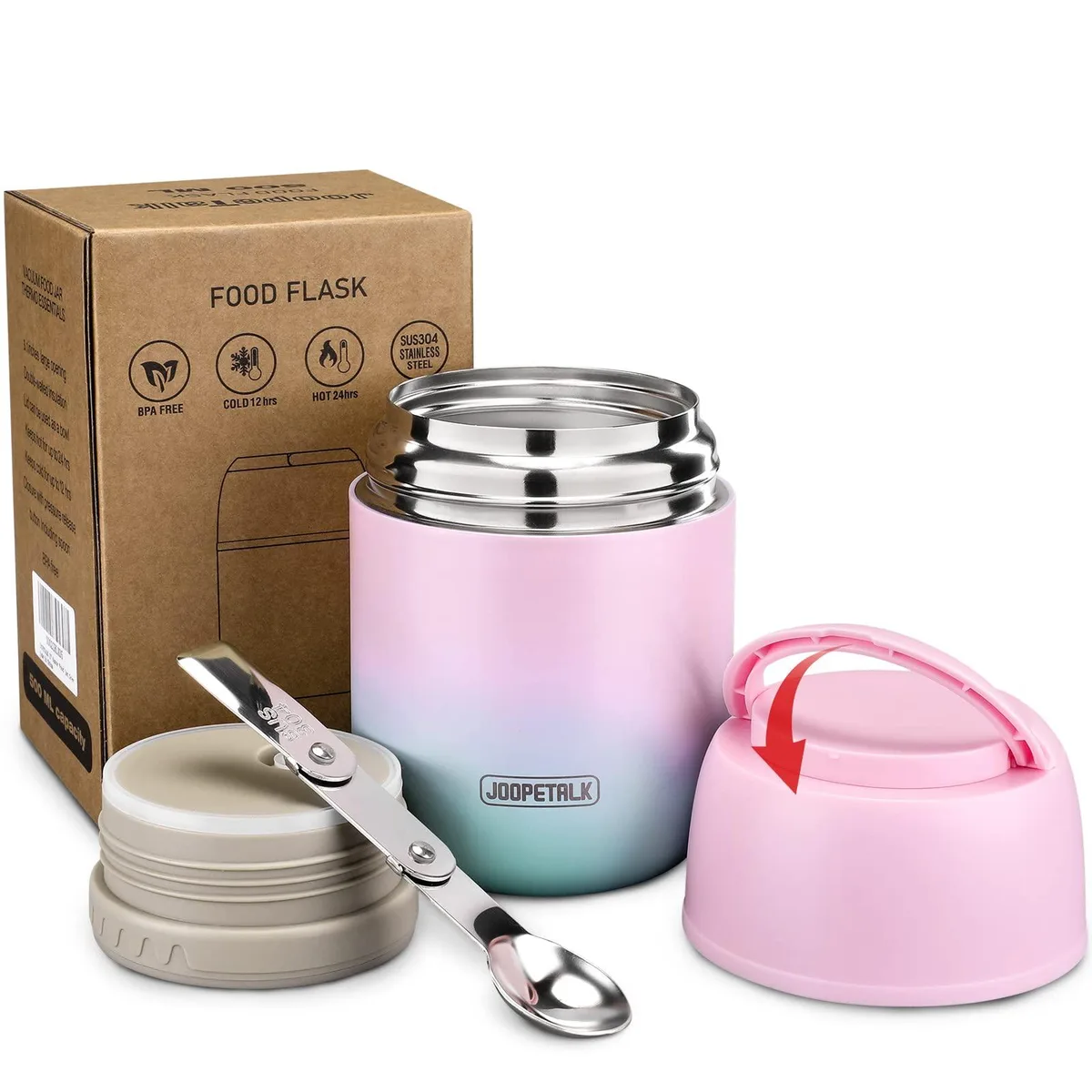 Blue-pink insulated food jar with folding spoon and outer lid bowl