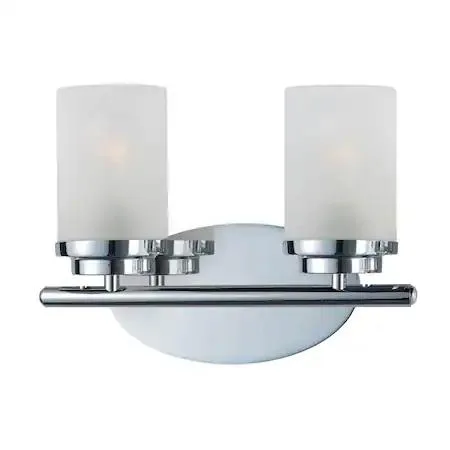 Polished chrome vanity light with two frosted glass cylinders on a minimal 12-inch frame