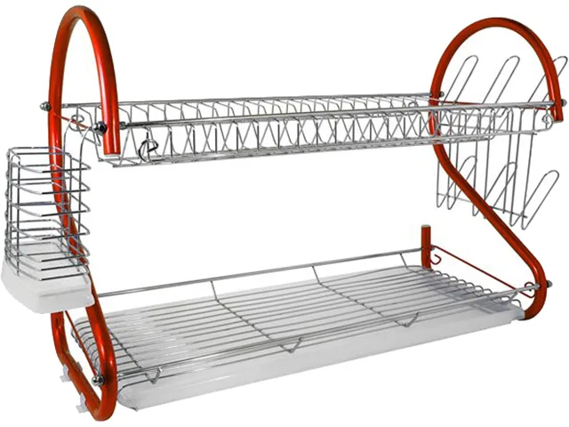 Red two-tier dish rack with chrome frame, plastic drain tray, mug stand and cutlery holder