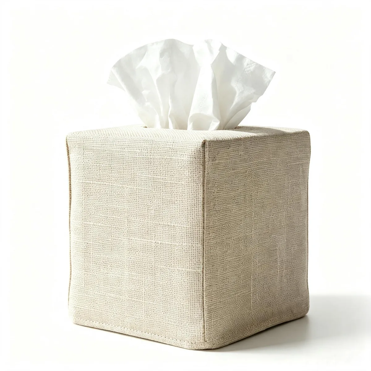 Beige linen fabric square tissue box cover with open base