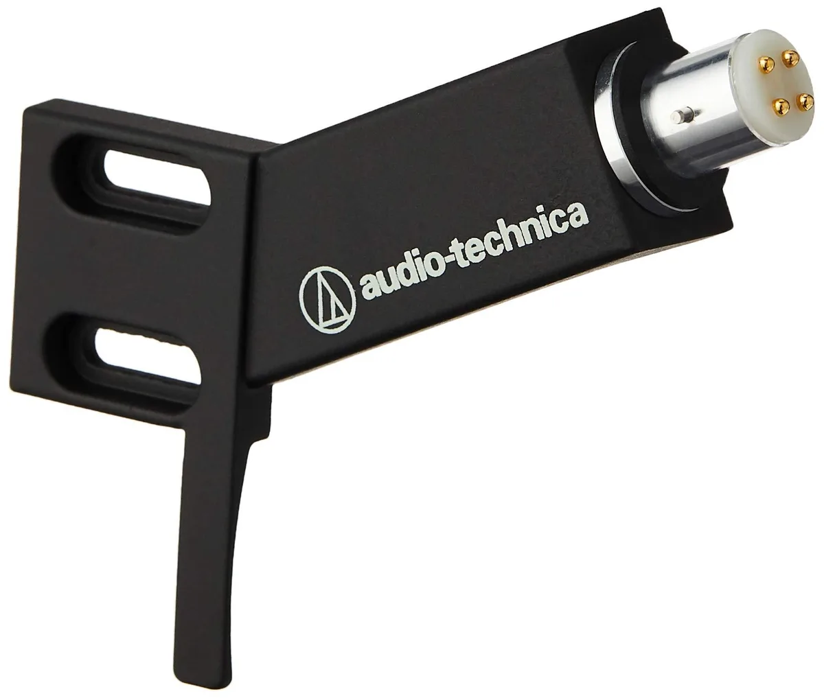 Black universal turntable headshell with angled aluminum body and finger lift