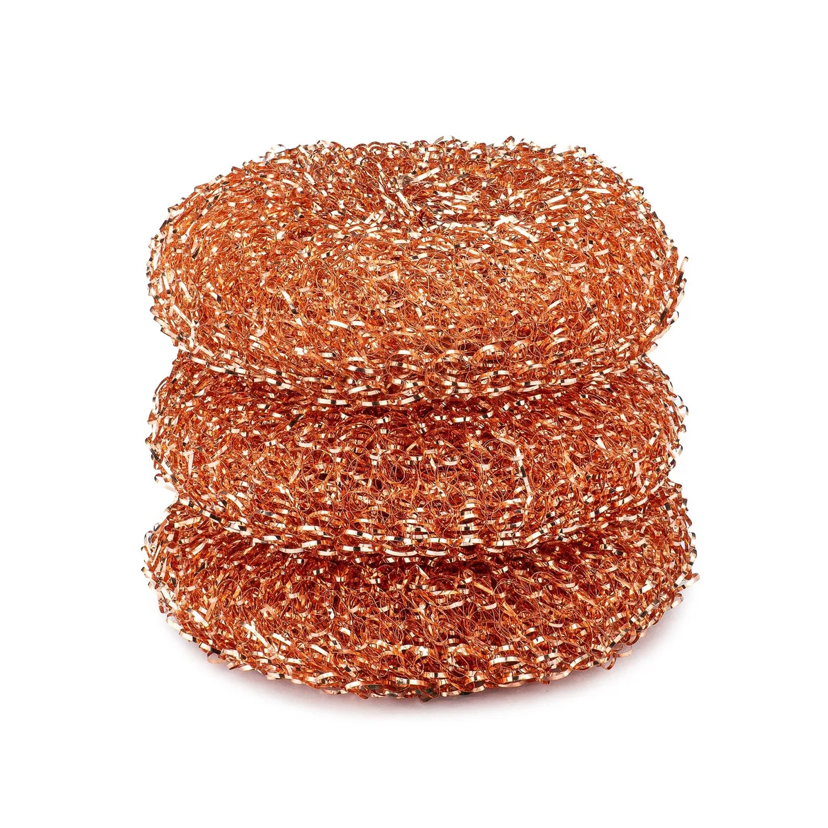 Three copper scrubbers, each 7.6cm square, in a pack of three