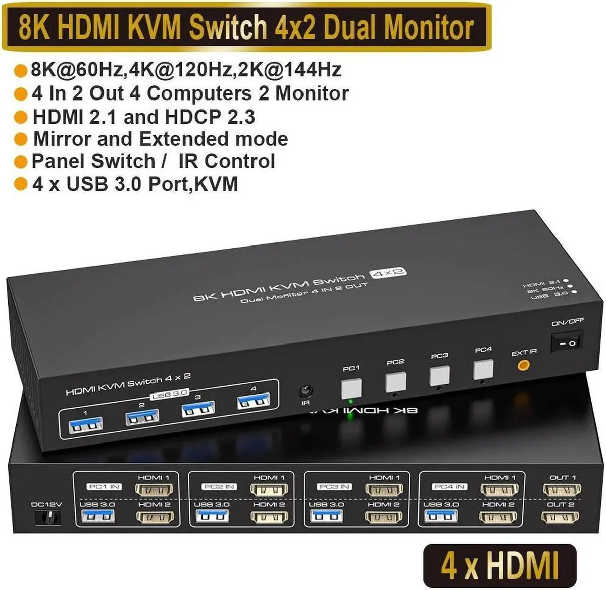 Vszerda Vszerda Dual Monitor HDMI KVM Switch 4 In 2 Out 4K@120Hz 8K@60Hz 4×USB 3.0 — product photo