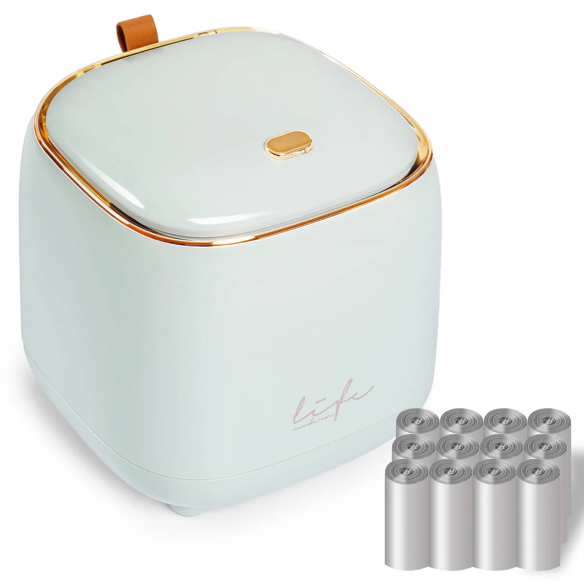 Three small light blue cylindrical bins with press lids