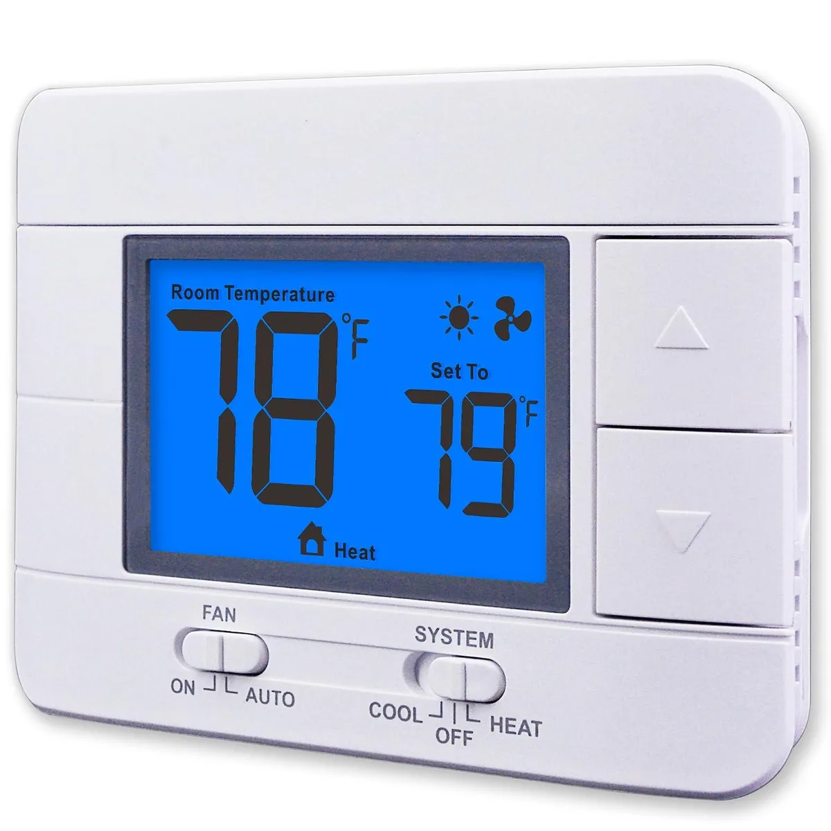 Rectangular white wall thermostat with blue backlit LCD screen and push buttons, twelve units shown