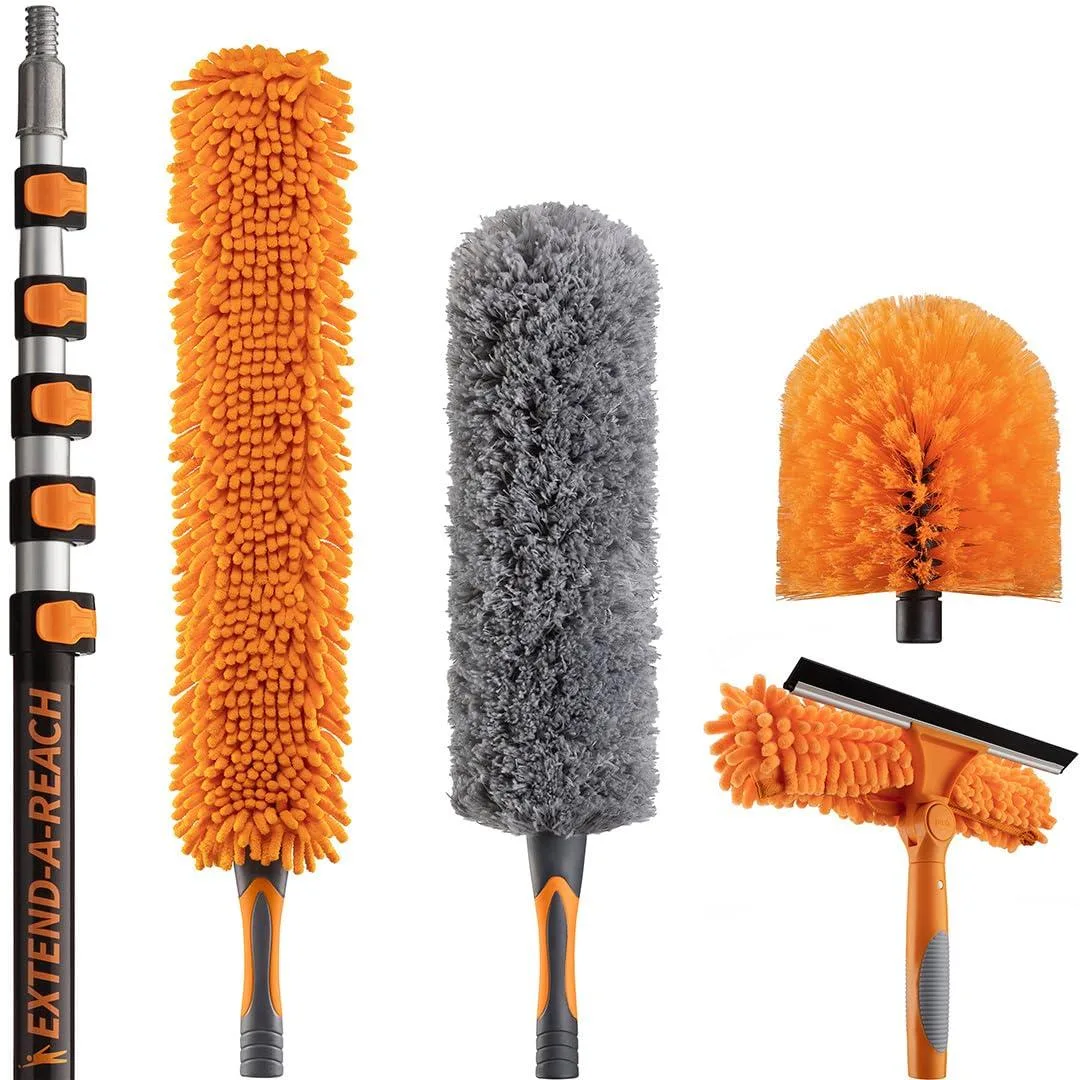 Telescopic aluminum pole with four cleaning attachments, extends to twenty-four feet