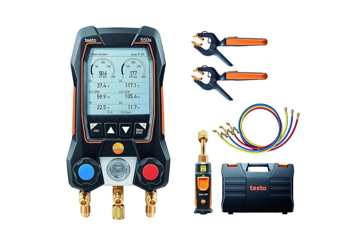 Testo Testo 550s AC Manifold Gauge Set with 2x 115i Clamp, 552i Micron Gauge, 3 Hoses, Bluetooth — product photo