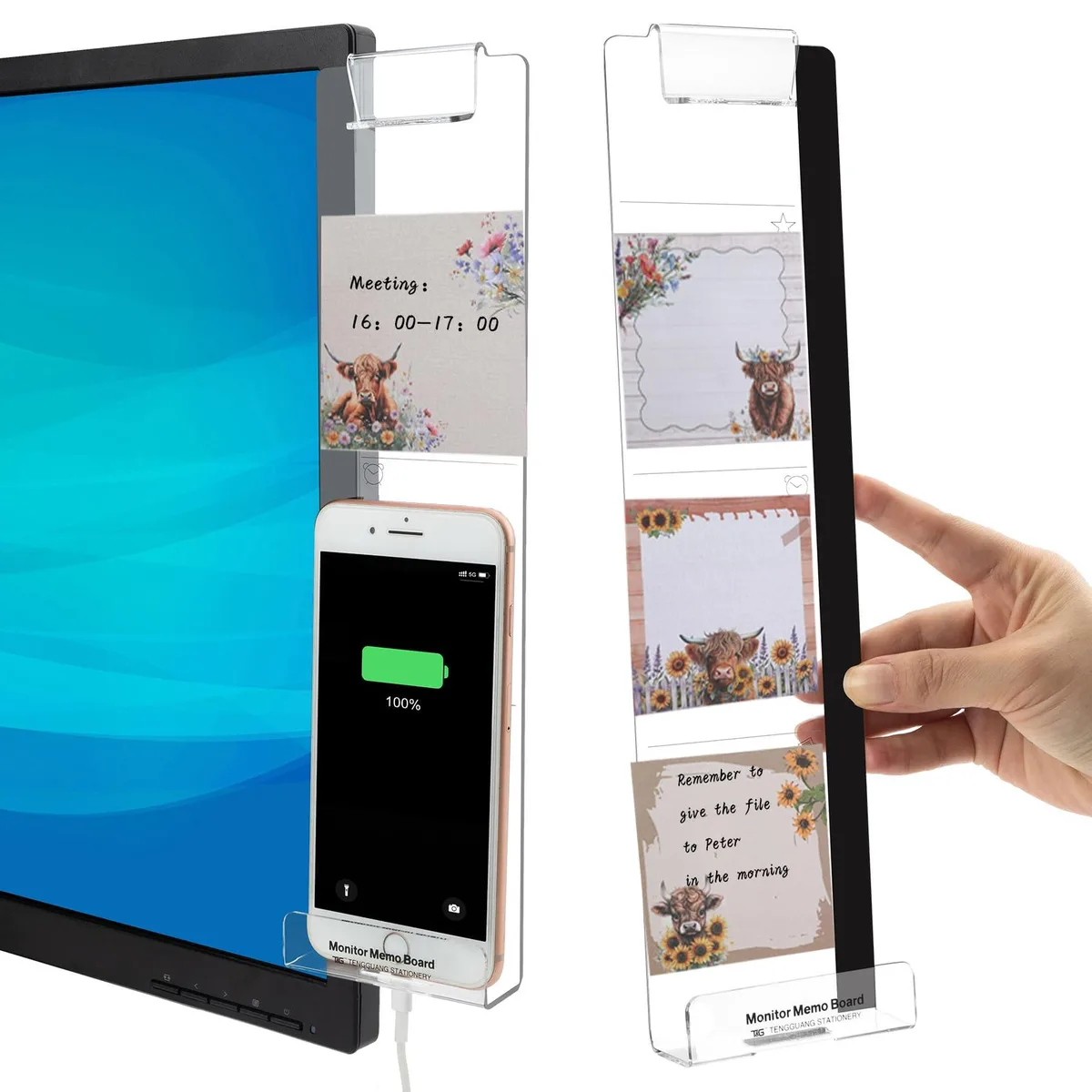Two clear acrylic memo boards with twelve pads of Highland Cow sticky notes and a phone holder slot