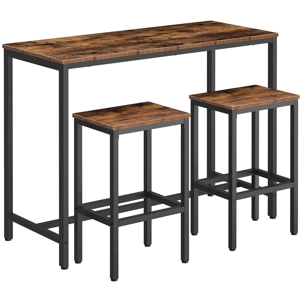 Rectangular rustic brown bar table with two matching stools, black metal frames