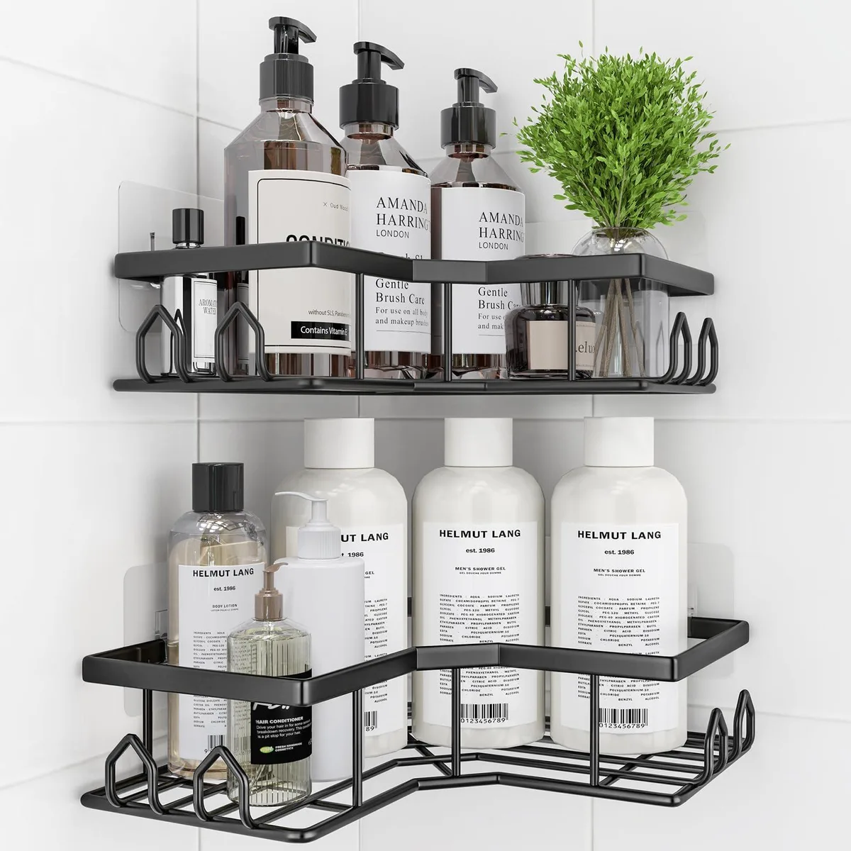 Two painted metal corner shelves, 22 cm square, adhesive mount, 40 lb capacity