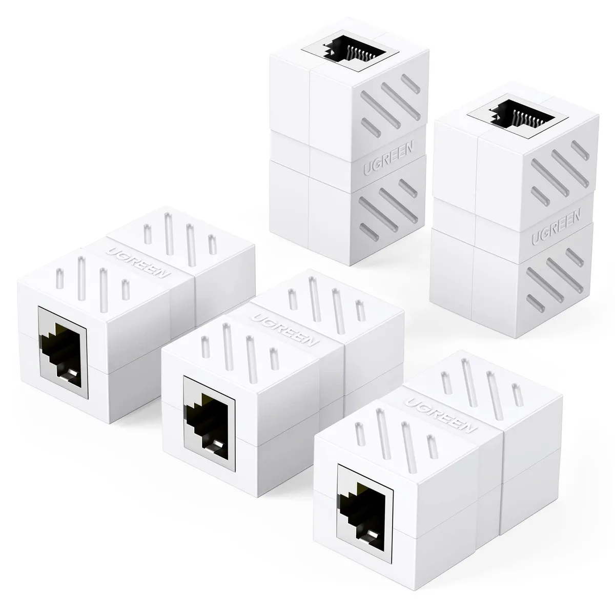 Five white RJ45 female-to-female couplers with matte finish