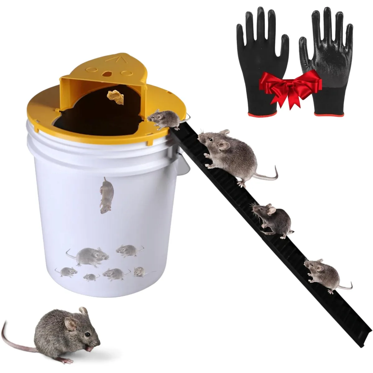 Black plastic bucket lid mouse trap with flip mechanism, fits five gallon bucket