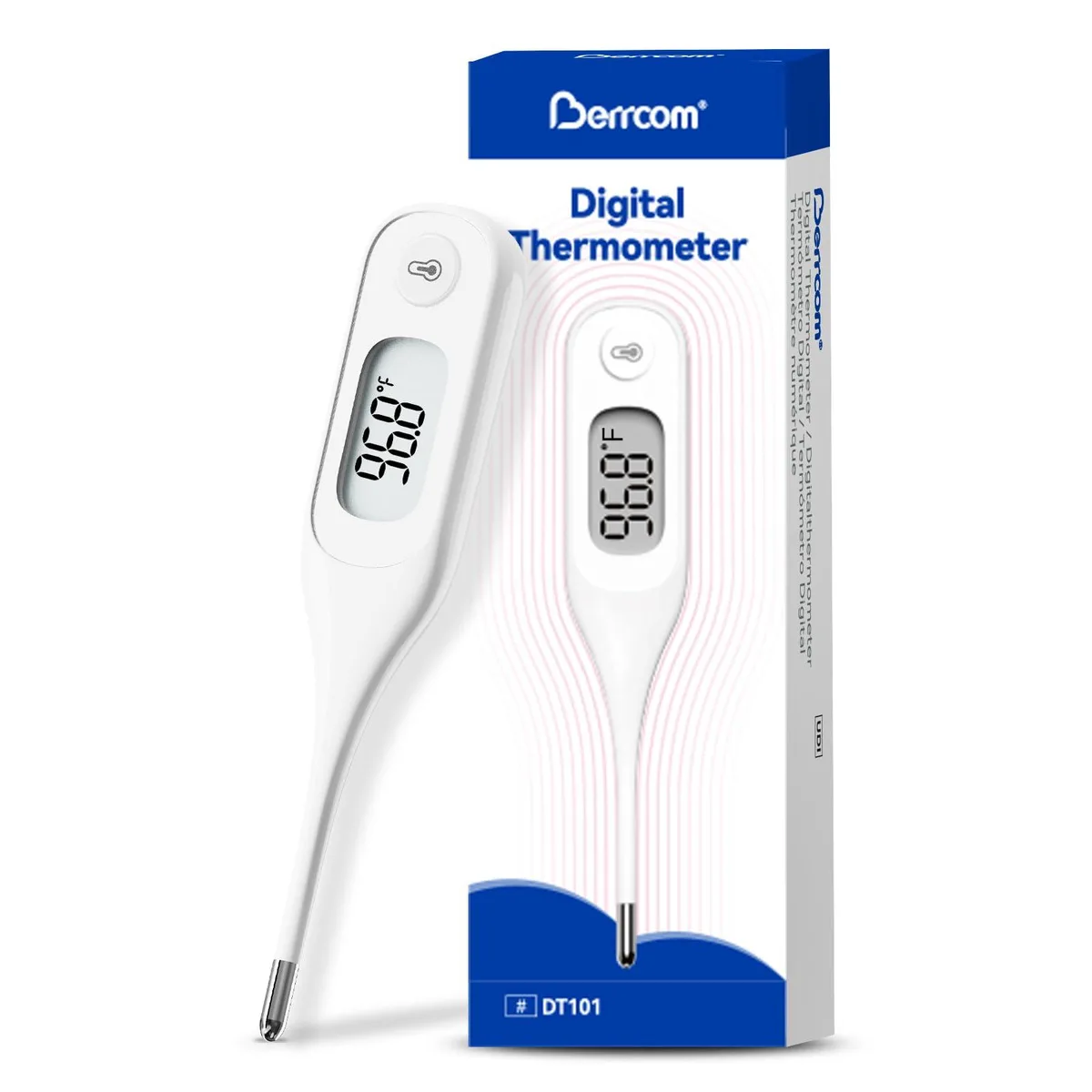 A navy blue digital thermometer with a large LCD screen and waterproof tip