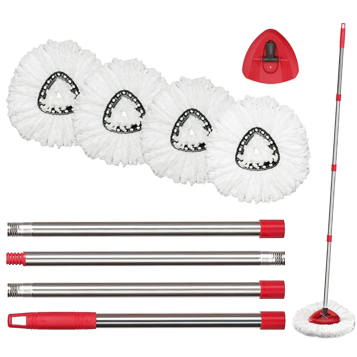 White microfiber mop head set with plastic base and adjustable metal handle 30 to 58 inches
