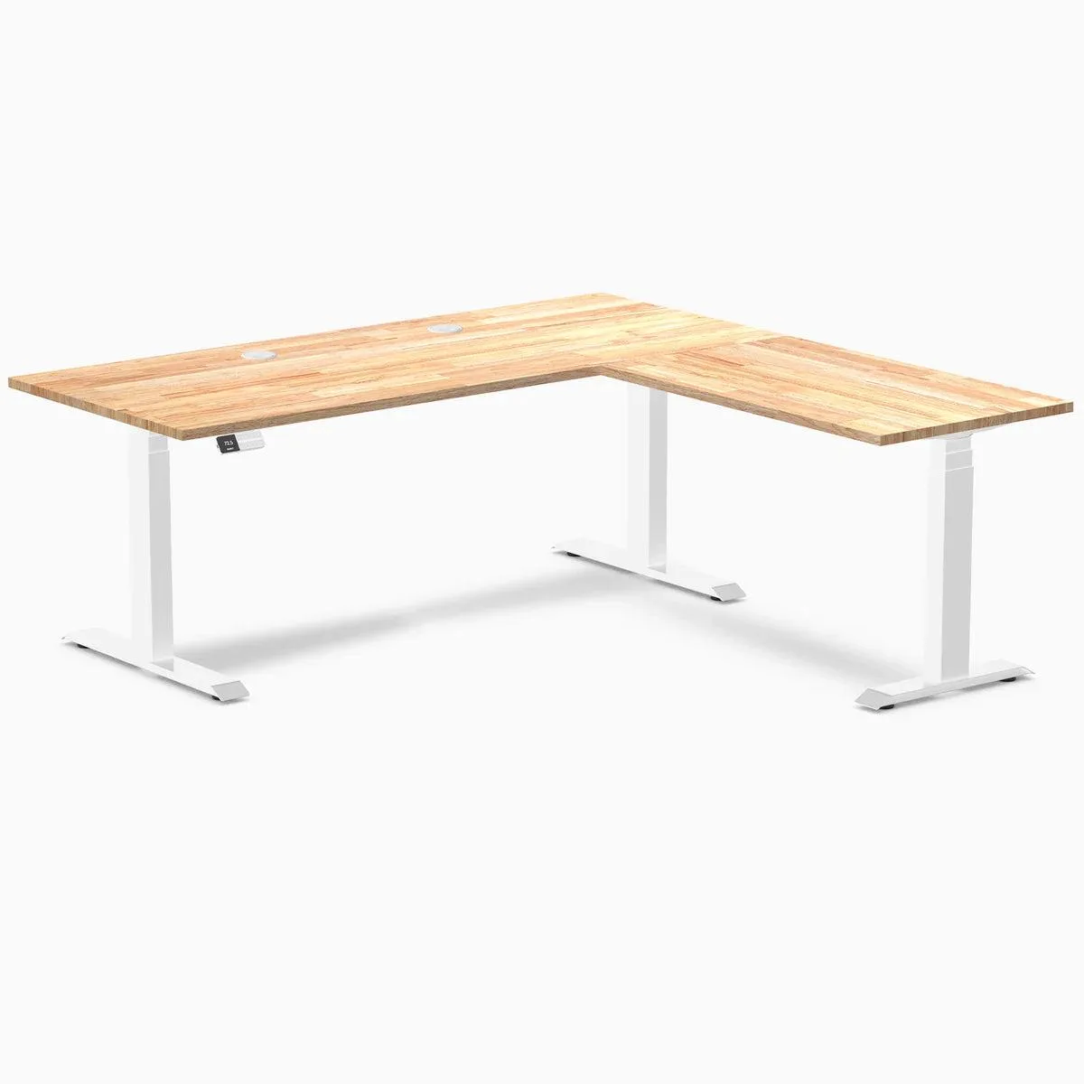 Desky Desky Rubberwood L-Shape Sit Stand Desk Natural Timber White 72 x 30 x 70 x 24 in with Grommets — product photo