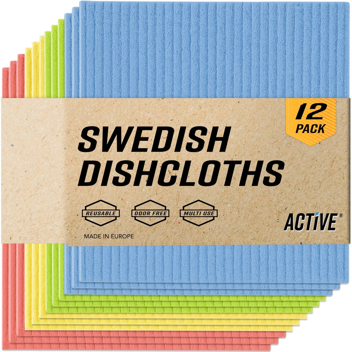 Stack of 12 multicolor cellulose sponge cloths, flat and thin